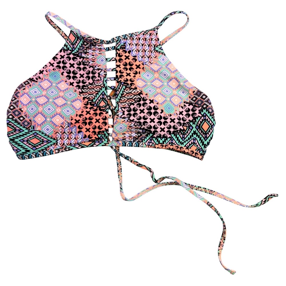 Collections by Catalina High Neck Lace Up Bikini Top Geometric Patchwork Large